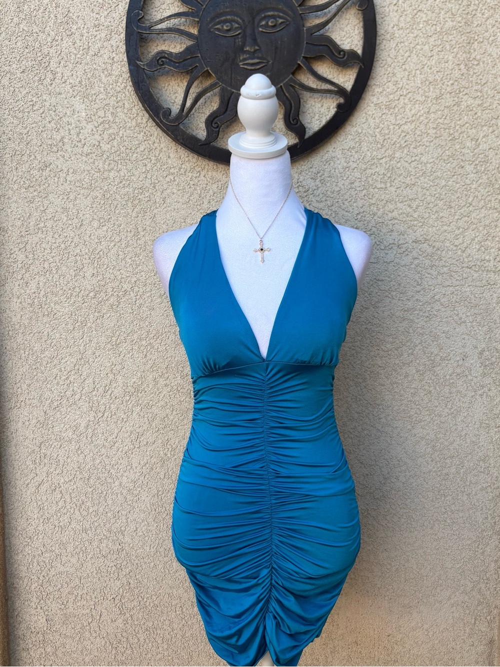 Sabora Teal Blue Halter V Neck Ruched Rhinestone O-Ring Mini Dress Y2K Clubwear